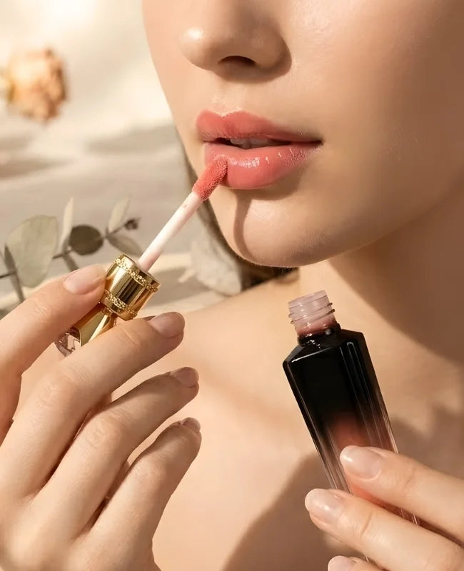 Person applying lip gloss with a brush to their lips, holding the gloss bottle.