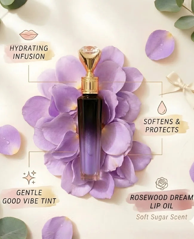 Rosewood Dream lip oil bottle with purple flowers and text on a light background