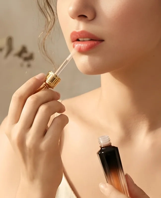 Close-up of a person applying a dropper of liquid to their lips.