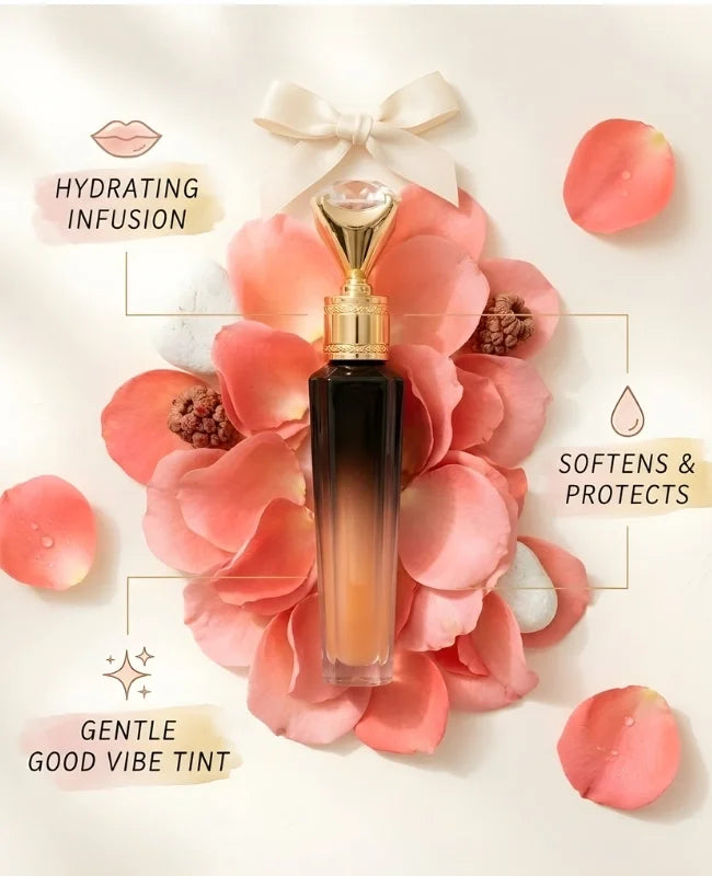 Perfume bottle on pink flowers with text about product benefits