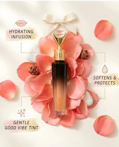 Perfume bottle on pink flowers with text about product benefits