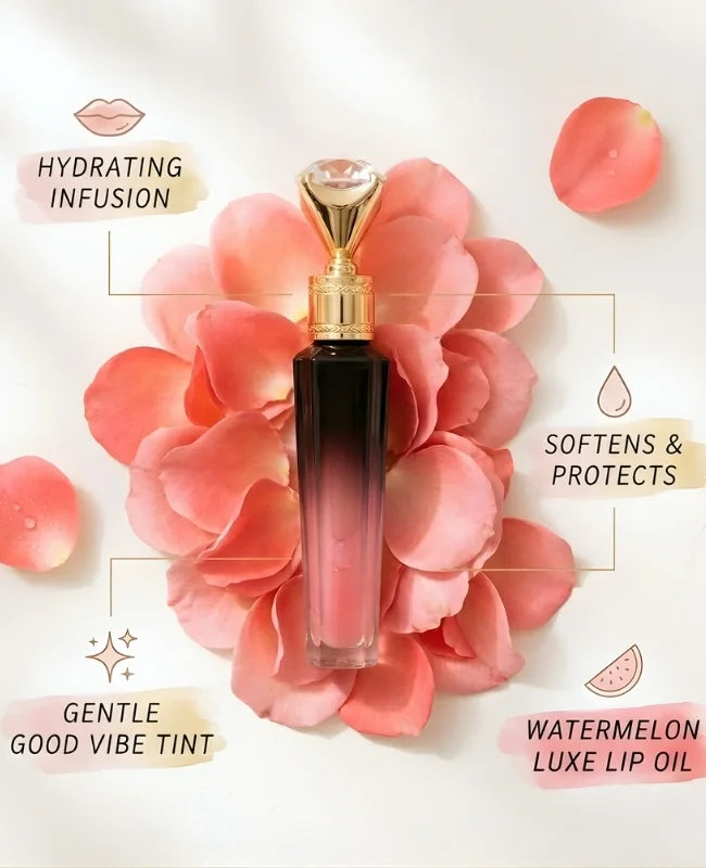 Lip oil bottle with pink flower petals and text highlighting features on a light background